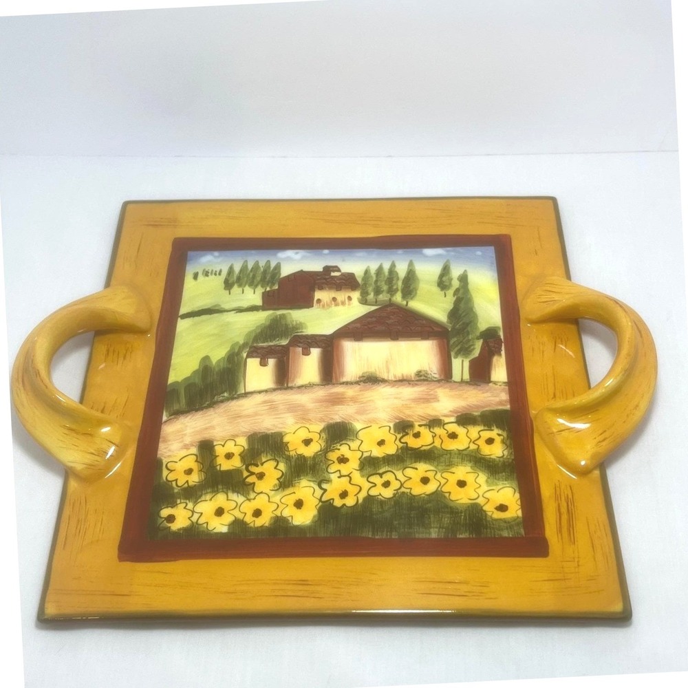 Douce‎ Romancing Provence Hand Painted Ceramic Tray – Tuscan Farmhouse Scene 14"